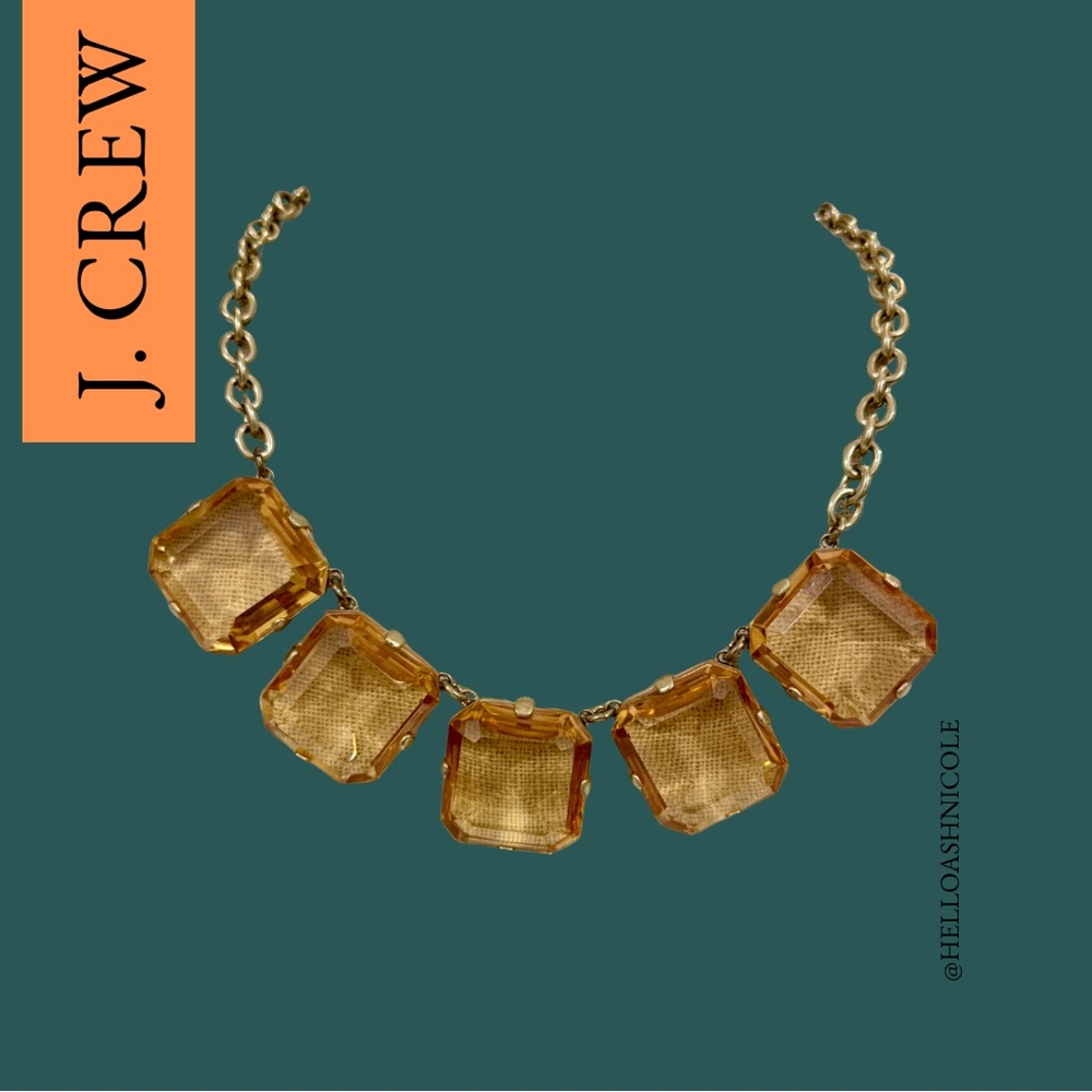 J. Crew Citrine Color Faceted Large 5 Square Glass Statement Necklace Gold Chain